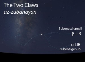 The Two Claws (az-zubanayan) of the Scorpion (al-'aqrab) as they appear in the west about 45 minutes before sunrise in mid-May.